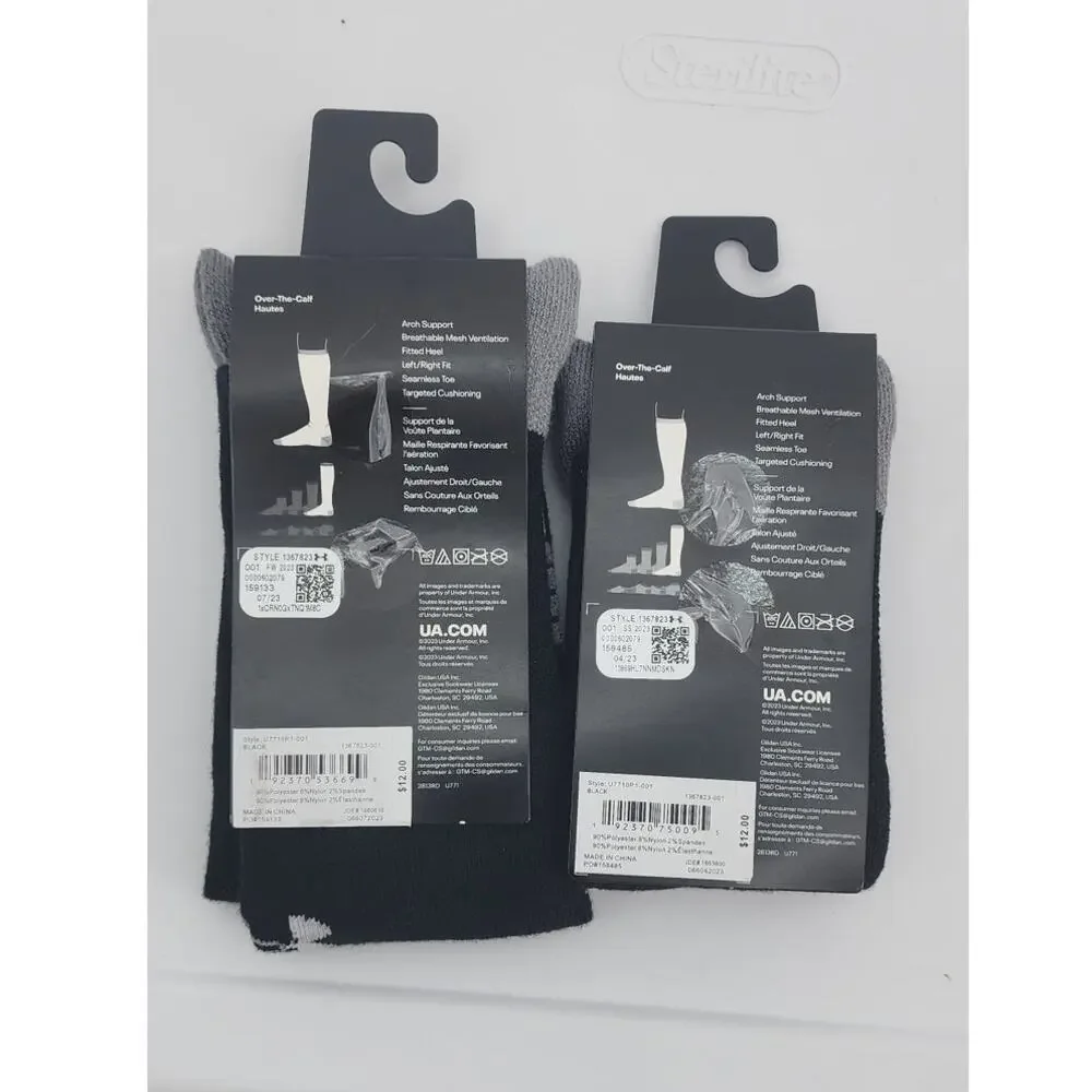 New NWT UA Under‎ Armour Team Cushioned Over The Calf Black White Socks 2 Packs